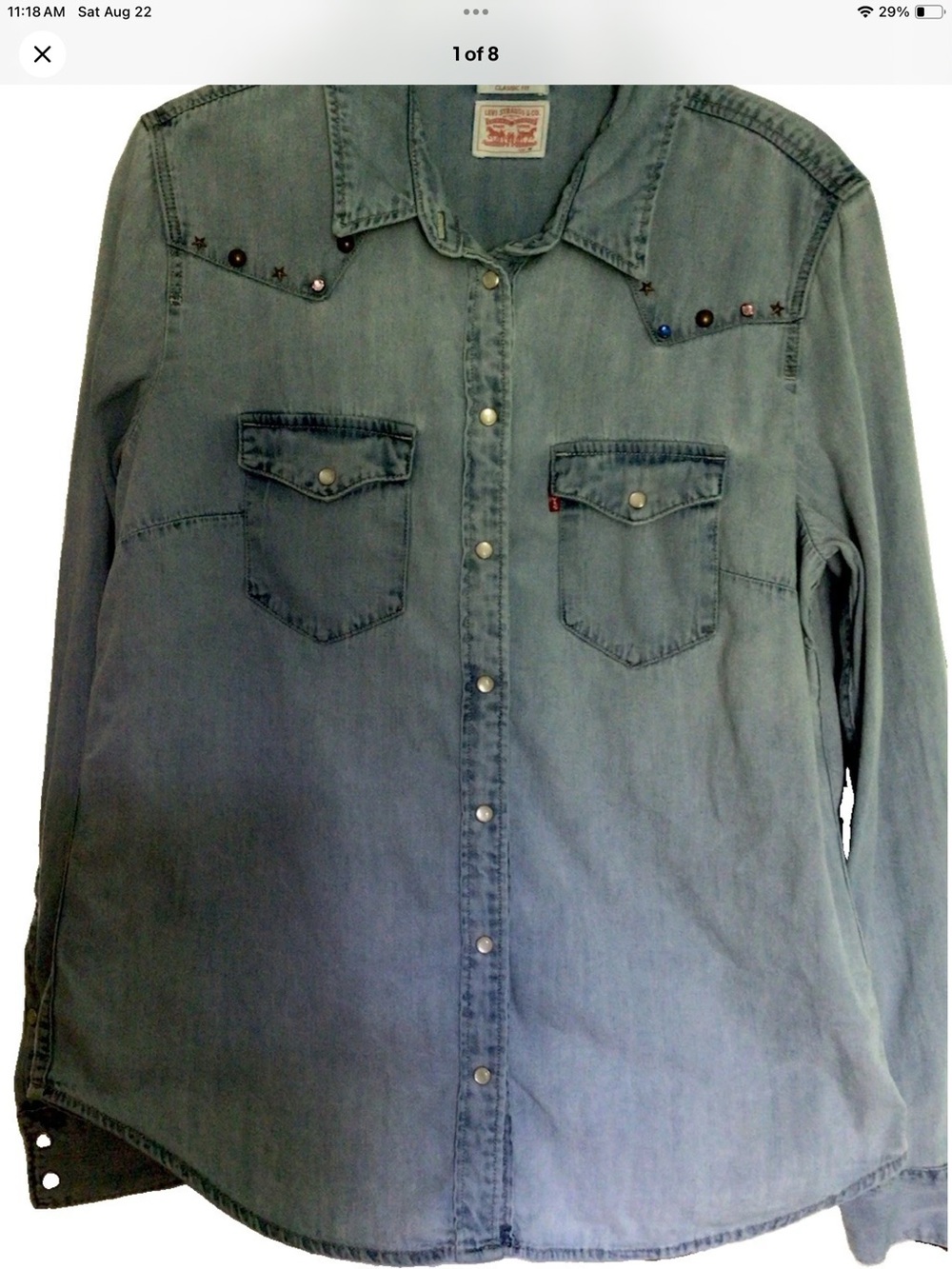 Levi's Women’s Embellished Western Pearl Snap Light Blue Denim Shirt Cotton M